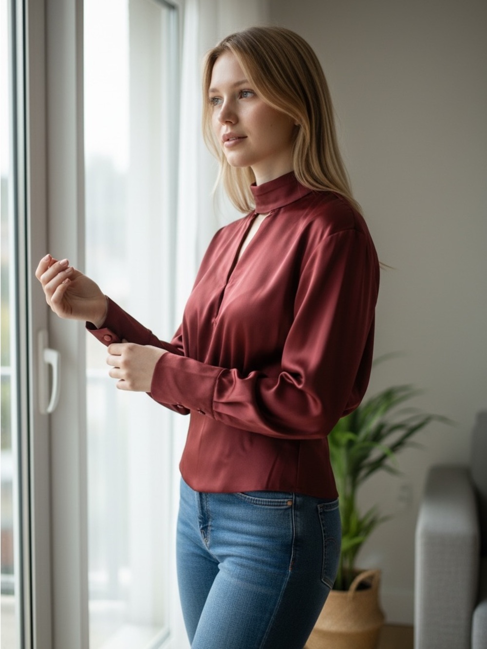 Parker Burgundy Satin Keyhole High-Neck Blouse